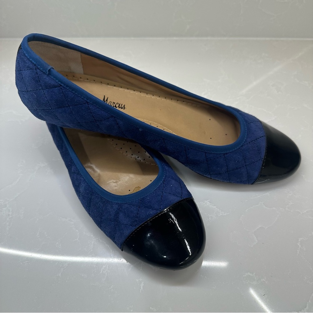 Neiman Marcus Blue Quilted Flats with Glossy Black Cap Toe- Woman’s Size:8M